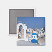 ギリシャ、サントリーニ。鐘楼とブルードーム2個分 マグネット (正面/裏面)