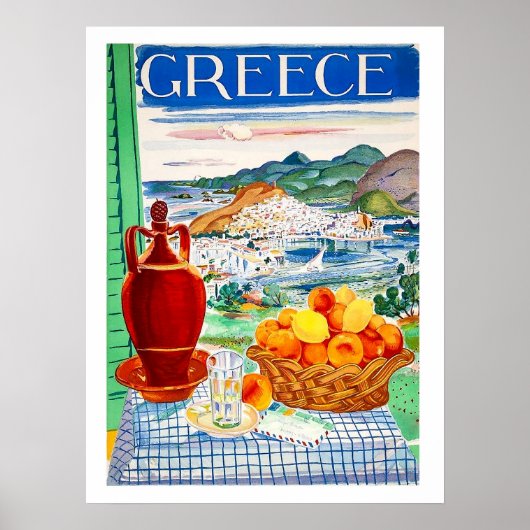 ギリシャ、テーブルの上の果物、窓からの風景 ポスター (正面)
