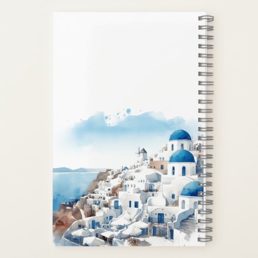 ギリシャ ミコノス 水彩画 | あなたの名前 ノートブック (裏面)