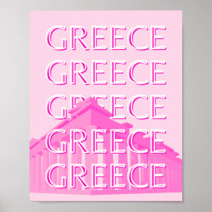 ギリシャ、旅行アート、パステルトラベルアート、ピンク ポスター