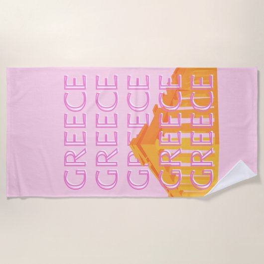 ギリシャ、旅行アート、ピンク ビーチタオル (正面)