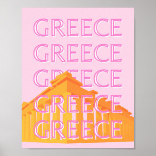 ギリシャ、旅行アート、ピンク ポスター