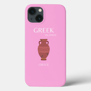 ギリシャ、旅行アート、名門私立校風のレトロアート、ピンク iPhone 13ケース