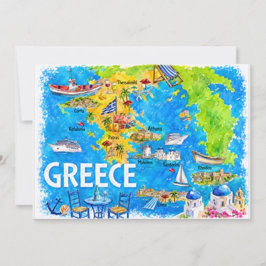 ギリシャ 水彩画 旅行地図 ポストカード (正面)
