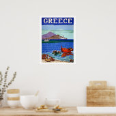 ギリシャ、海岸、水中の漁船、ヴィンテージ ポスター (キッチン)