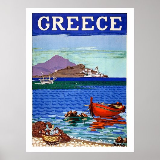 ギリシャ、海岸、水中の漁船、ヴィンテージ ポスター (正面)