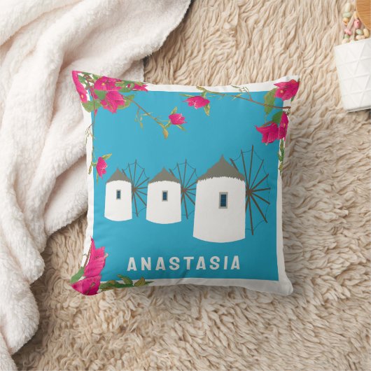 ギリシャBougainvilleaギリシャ島ウィンドミルズ名 クッション (ブランケット)