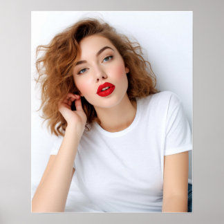 ギルダンTシャツを着た可愛いカーリーヘアモデル ポスター