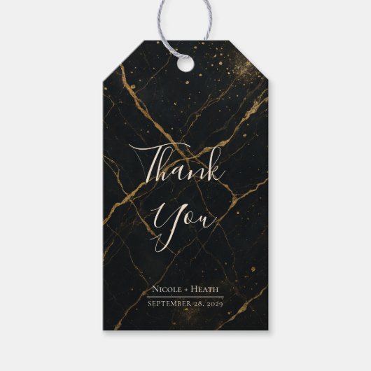 ギルデッドミッドナイトマーブルブラック&金ゴールド結婚ズ ギフトタグ (正面)