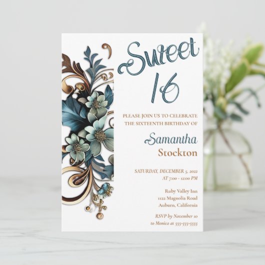 ギルデッド縁どボタニカルスイート16招待状 招待状 (スタンド正面)