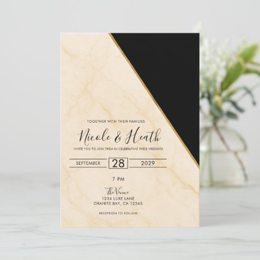 ギルドジオメトリラックスアイボリー&金ゴールドマーブル結婚ズ 招待状 (スタンド正面)