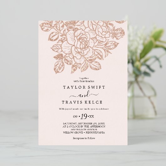 ギルドフローラバラゴールドフォイル&赤面結婚ズ 箔招待状 (立ち正面)