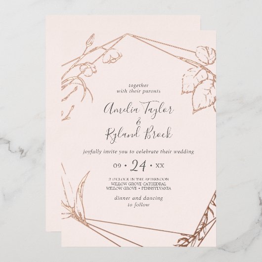 ギルドフローラフロント&バックバラゴールドフォイル結婚ズ 箔招待状 (正面/裏面)