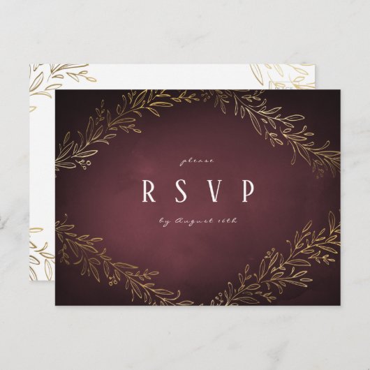 ギルド金ゴールドブルゴーニュ植物結婚式RSVP インビテーションポストカード (正面/裏面)