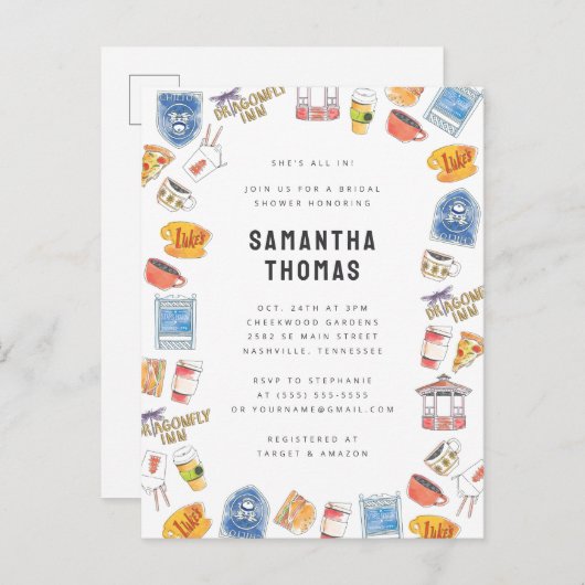 ギルモア・ガールズ ウォーターカラー アイコン ブライダルシャワー ポストカード (正面/裏面)