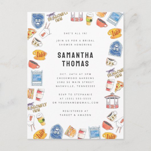 ギルモア・ガールズ ウォーターカラー アイコン ブライダルシャワー ポストカード (正面)