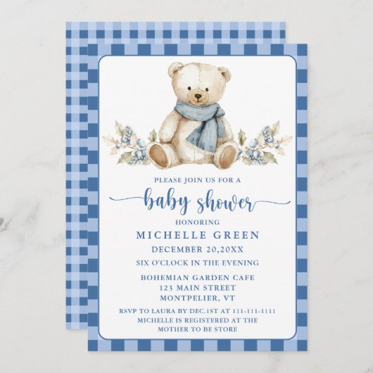 ギンガエレガントムテディベア冬のベビーシャワー 招待状 (正面/裏面)