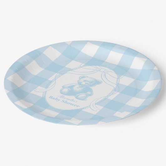 ギンガエレガントムフランスのテディベア赤ちゃんシャワー ペーパープレート (アングル)