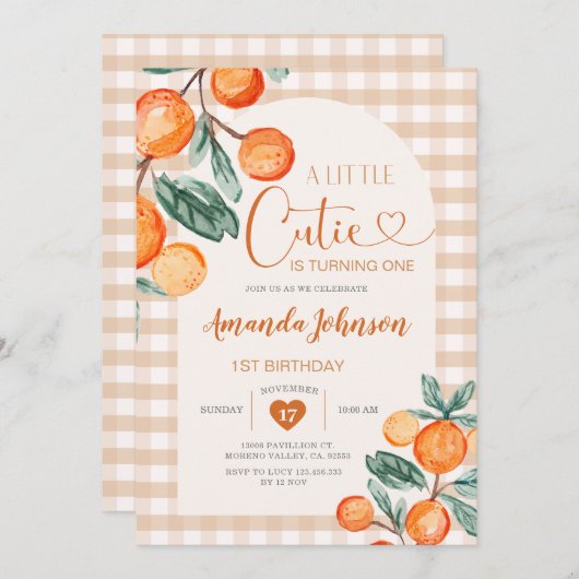 ギンガムかわいこちゃんがワンオレンジ誕生日 招待状 (正面/裏面)