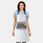 ギンガムにハンマーを付けたハンマー・タイム・ブルー・カニ エプロン (着用した状態)