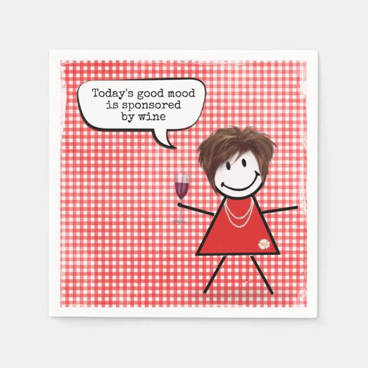ギンガムにワイングラスを置いたスティックガール スタンダードカクテルナプキン (正面)