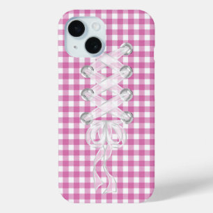 ギンガムに引っ掛けるコルセットリボン iPhone 15ケース