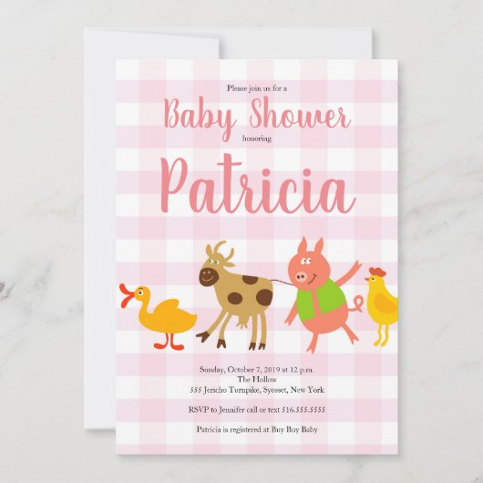 ギンガムの家畜の女の赤ちゃんのシャワーの招待状 招待状 (正面)