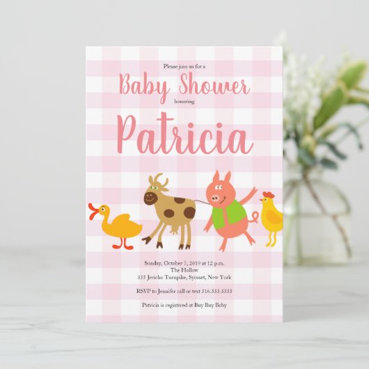 ギンガムの家畜の女の赤ちゃんのシャワーの招待状 招待状 (スタンド正面)