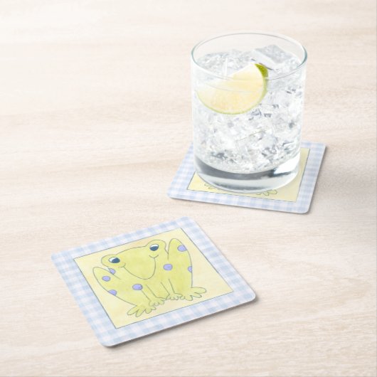 ギンガムの布のカエルのトリオ スクエアペーパーコースター (インサイチュ)