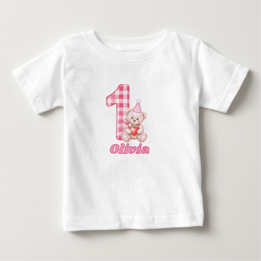 ギンガムの笑顔とテディベアのハグ！ ベビーTシャツ (正面)