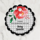 ギンガムの赤いバラのウェディングシャワー フェイバータグ (正面)