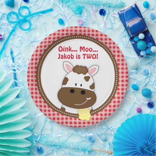 ギンガムの赤い納屋周囲の庭の誕生日のプレート、農場牛 ペーパープレート (パーティー)