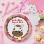 ギンガムの赤い納屋周囲の庭の誕生日のプレート、農場牛 ペーパープレート (パーティー)