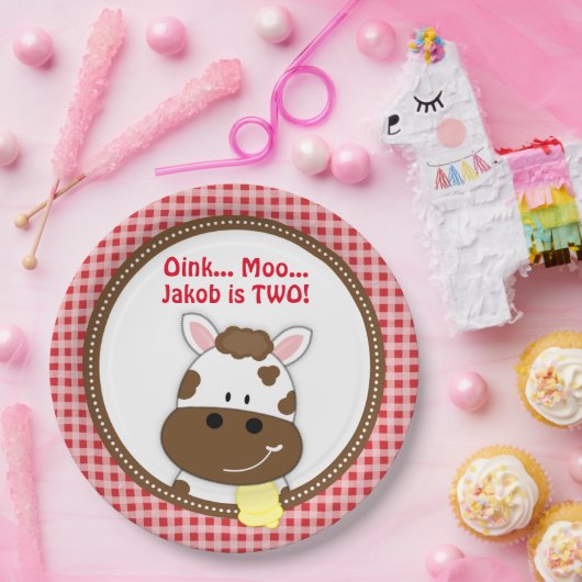ギンガムの赤い納屋周囲の庭の誕生日のプレート、農場牛 ペーパープレート (パーティー)