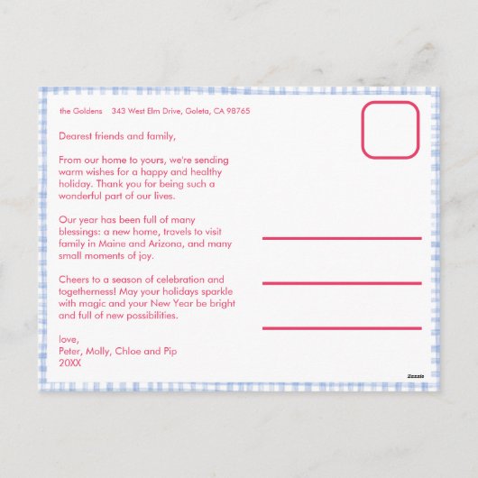 ギンガムウェーブピンクブルーカスタムクリスマス3 Photo シーズンポストカード (裏面)