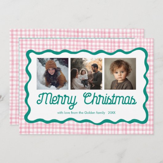 ギンガムウェーブピンク緑のクリスマスカスタム3 Photo シーズンカード (正面/裏面)