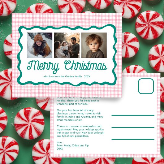 ギンガムウェーブピンク緑のクリスマスカスタム3 Photo シーズンポストカード