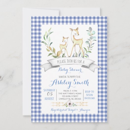 ギンガムウッドランドの鹿の赤ちゃんシャワーの招待状 招待状 (正面)