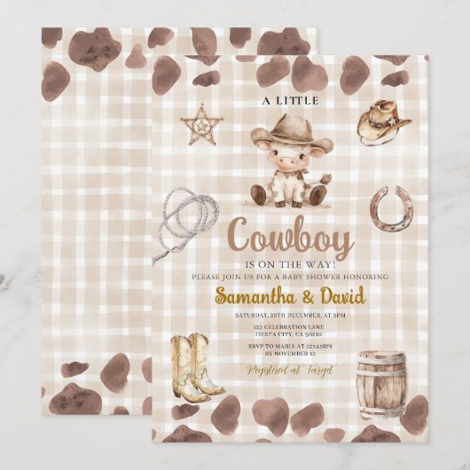 ギンガムカウボーイがやってくる！ベイビーシャワー 招待状 (正面/裏面)