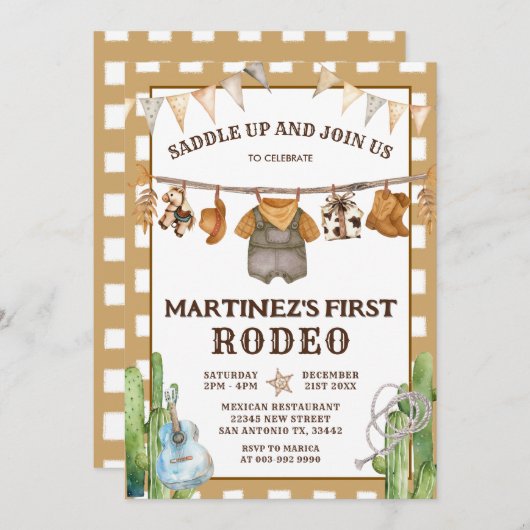 ギンガムクローセラインマイファーストロデオカウボーイ誕生日 招待状 (正面/裏面)