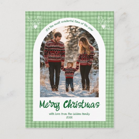 ギンガムグリーンカスタムクリスマスArch 3写真 シーズンポストカード (正面)