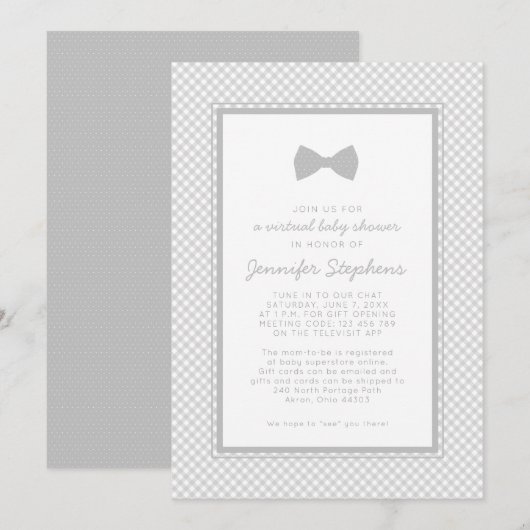 ギンガムグレーの蝶ネクタイ バーチャルベイビーシャワー 招待状 (正面/裏面)