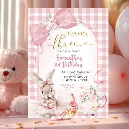 ギンガムコケットピンクフラワーラビット3歳の誕生日 招待状