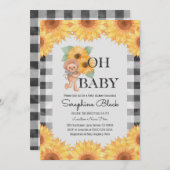 ギンガムサンフラワーテディベア赤ちゃんシャワー 招待状 (正面/裏面)