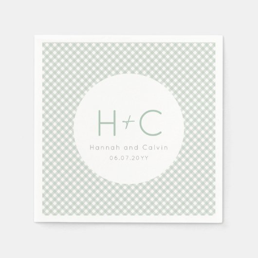 ギンガムセージ緑のイニシャル結婚のリハーサル スタンダードカクテルナプキン (正面)