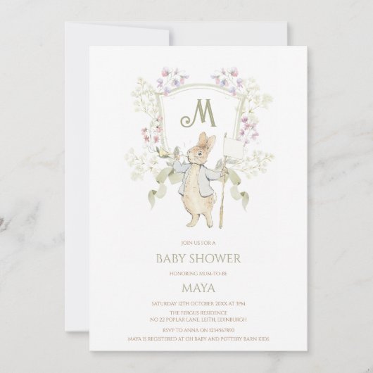 ギンガムセージPeter the Rabbit Monogramベビーシャワー 招待状 (正面)