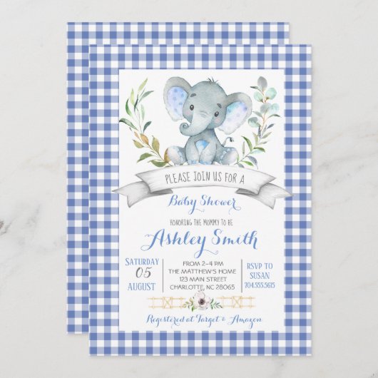 ギンガムゾウのベビーシャワーの招待状 招待状 (正面/裏面)