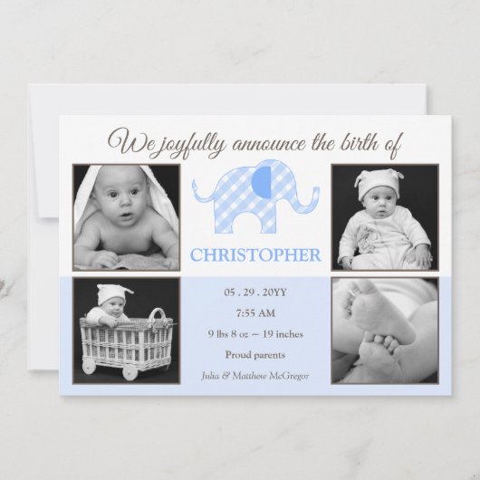 ギンガムゾウ男の赤ちゃん写真誕生のお知らせ 案内状 (正面)