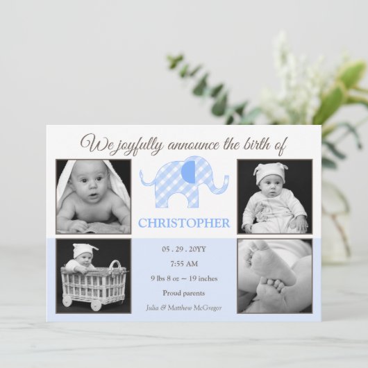 ギンガムゾウ男の赤ちゃん写真誕生のお知らせ 案内状 (スタンド正面)