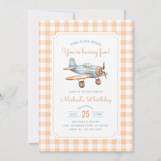 ギンガムタイムフライファースト誕生日 招待状 (正面)